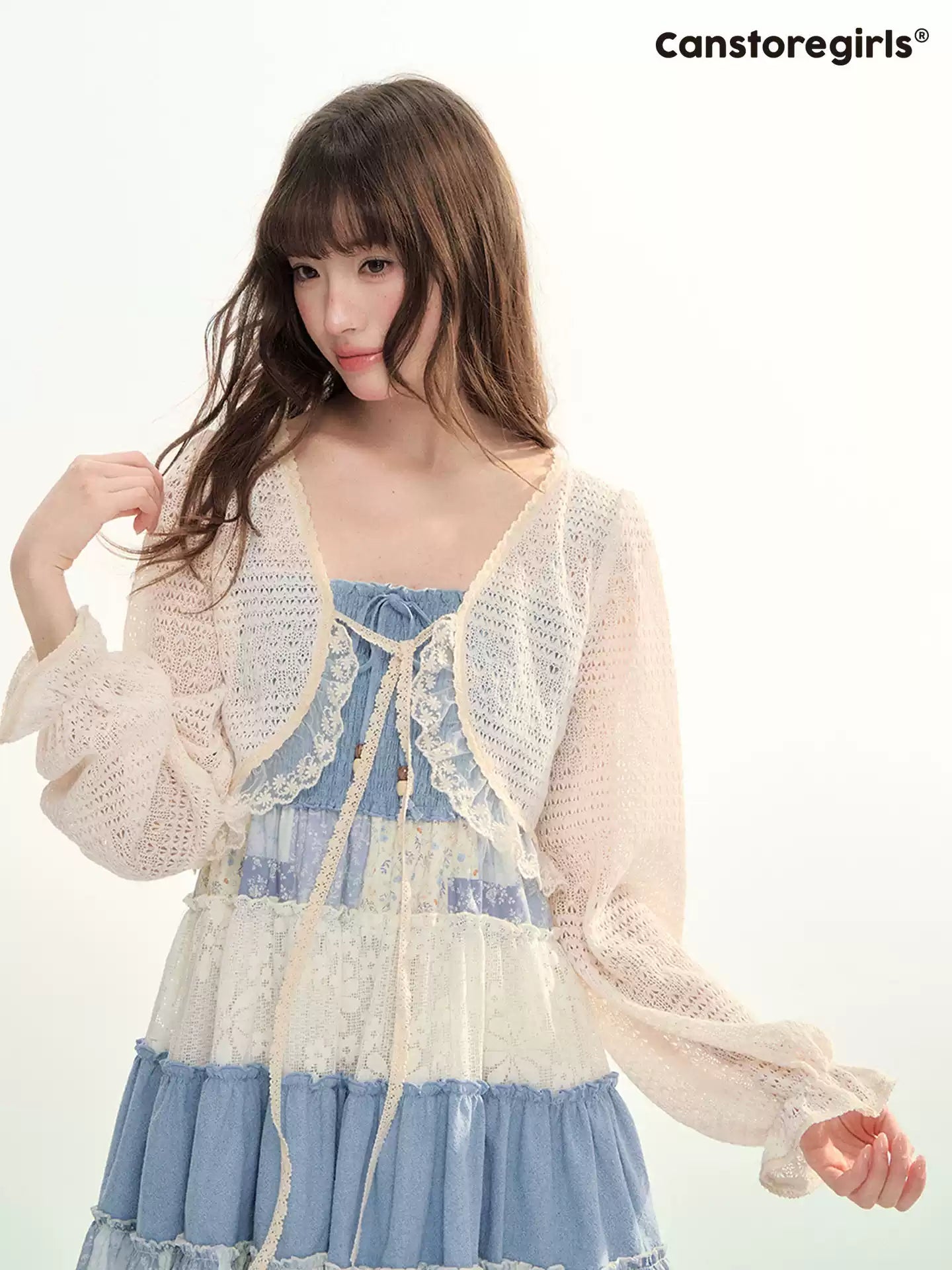 Blue Patchwork Tiered Smocked Dress LL2026106