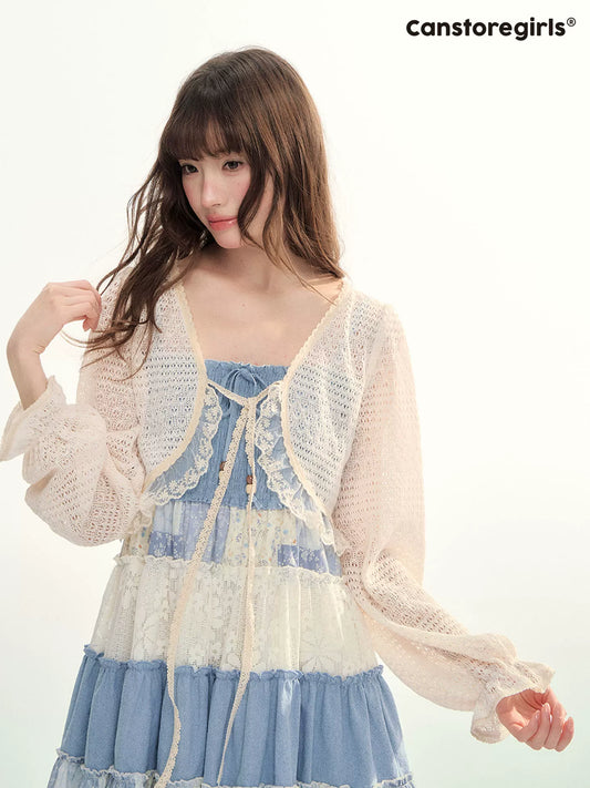 Ivory Lace Tie-Front Cropped Cardigan LL2026105