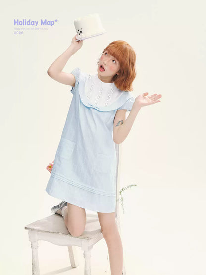 "Sea Salt Fizz" Baby Blue Cutout Embroidered Peter Pan Collar Puff Sleeve A-Line Dress