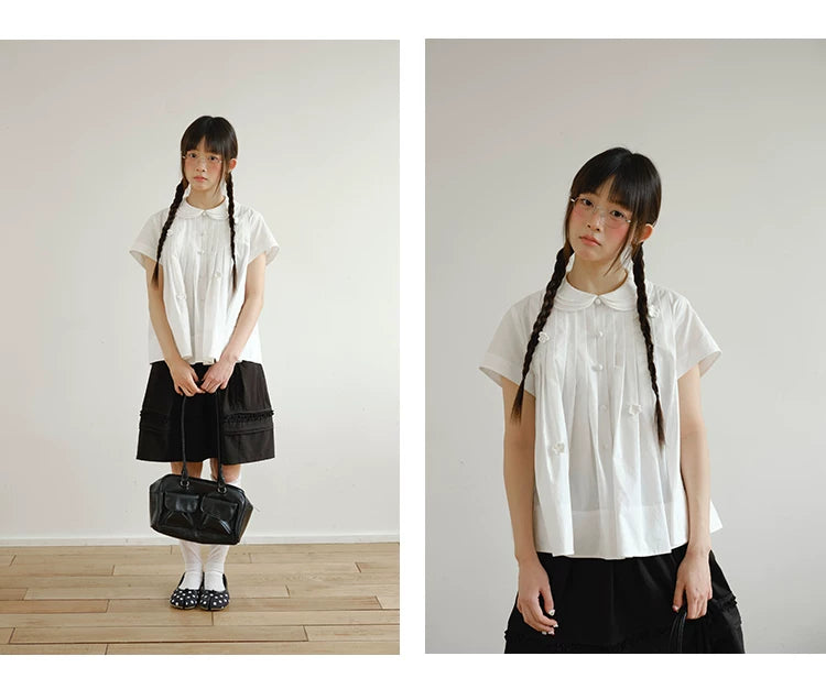 "Hyacinth Letter" White Cotton Peter Pan Collar Pleated Blouse