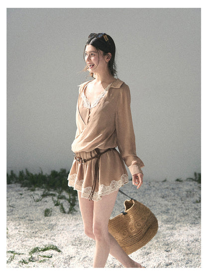 少也眼 “Hidden in the Evening Breeze” Cheese Yellow Faux Two-Piece Chiffon Dress 146