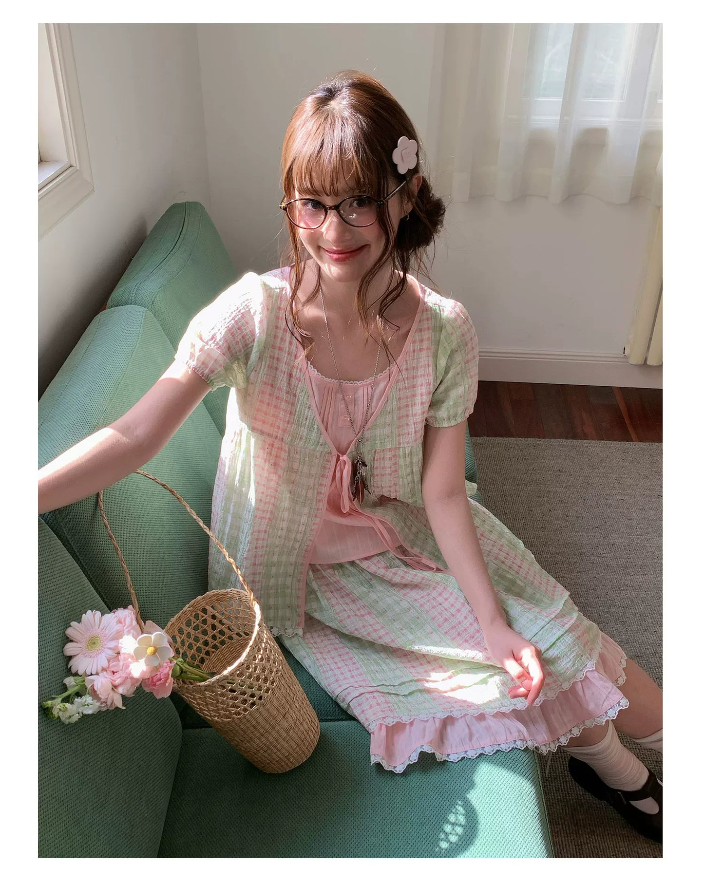 [RF] “Green Grape Picnic” Pastel Plaid Two-Piece Skirt Set