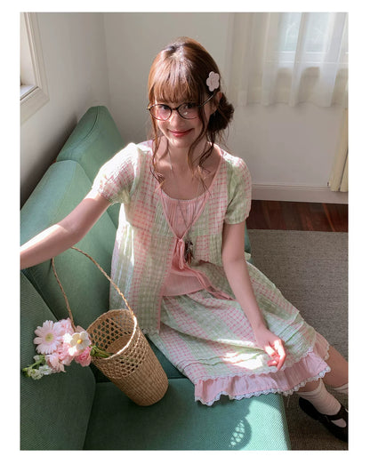[RF] “Green Grape Picnic” Pastel Plaid Two-Piece Skirt Set