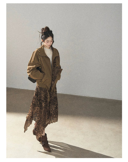AOMALM - “Cocoa Leopard” Pleated Asymmetric Midi Skirt