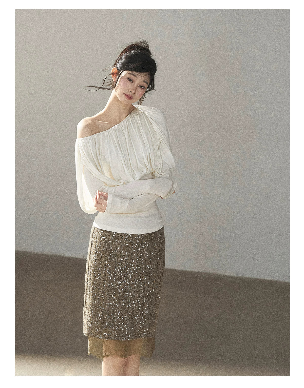 AOMALM - Gray Taupe Brown Sequin Lace Midi Skirt