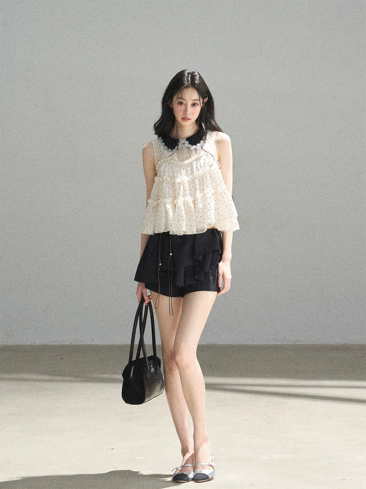 "A Dream Like Foam" French Polka Dot Chiffon Babydoll Blouse
