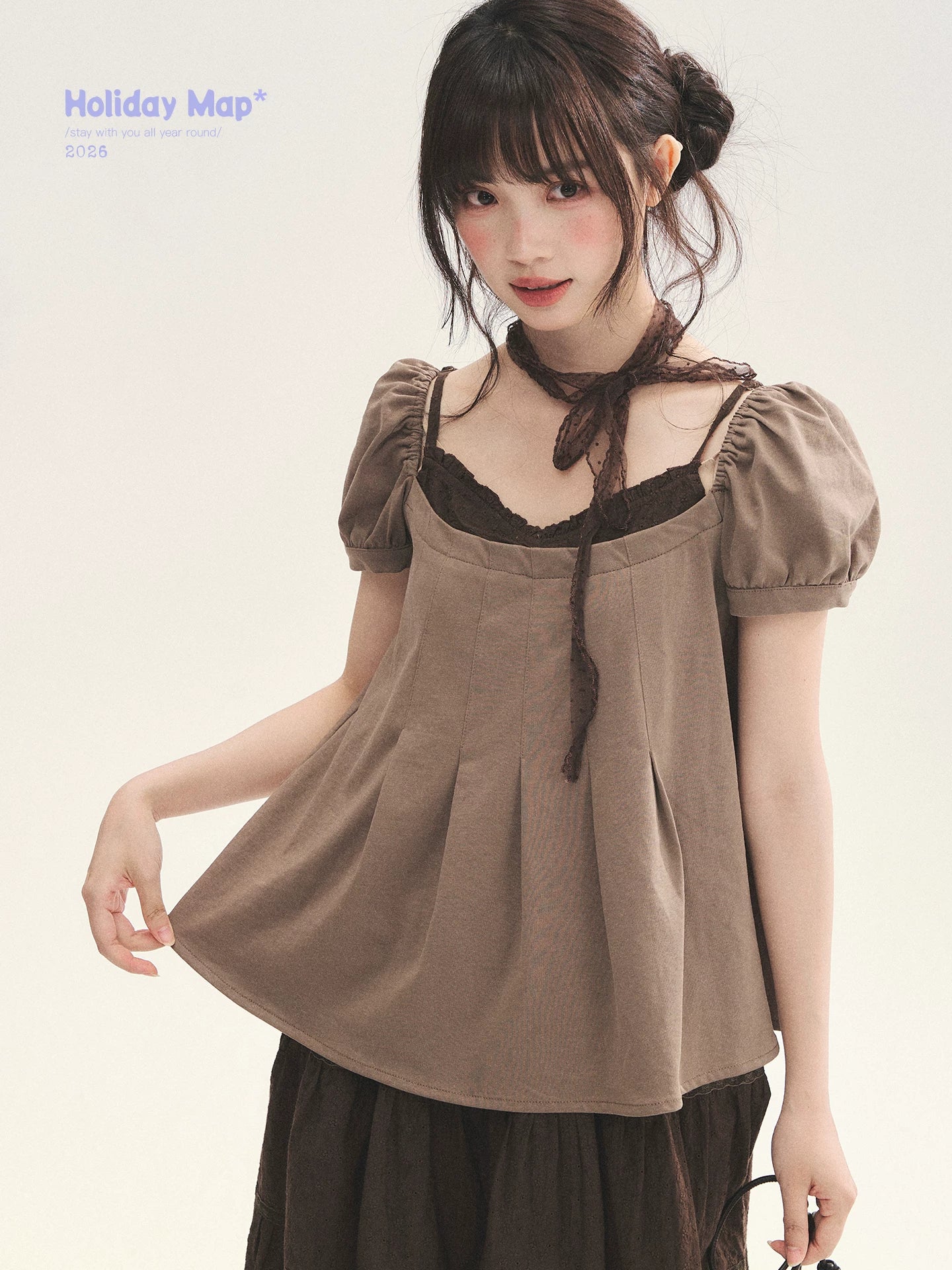 "Tea Brown Reverie" Tea Brown Off-Shoulder Puff Sleeve Knit Top