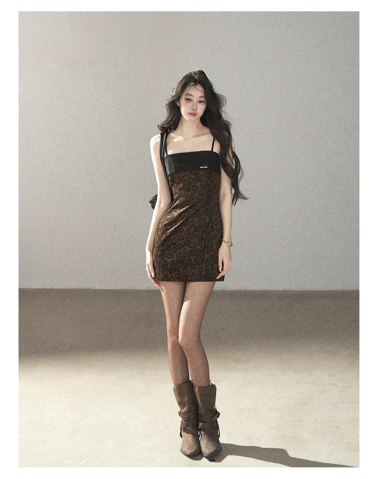 AOMALM - "Wildland Reverie" Slate Brown Leopard Print Fitted Cami Dress & Obsidian Black Shawl