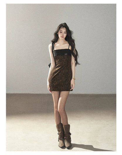 AOMALM - "Wildland Reverie" Slate Brown Leopard Print Fitted Cami Dress & Obsidian Black Shawl