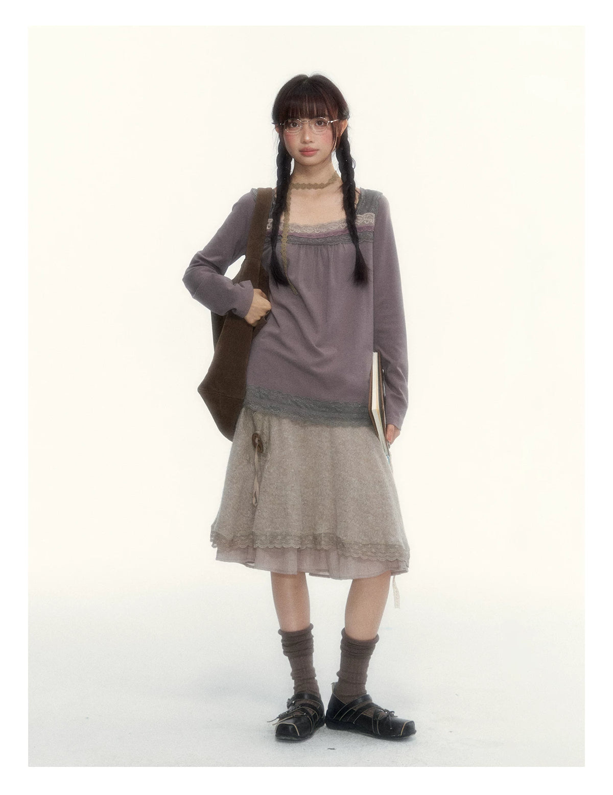 Milk Coffee Vintage Lace Knit A-Line Skirt