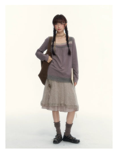 Milk Coffee Vintage Lace Knit A-Line Skirt