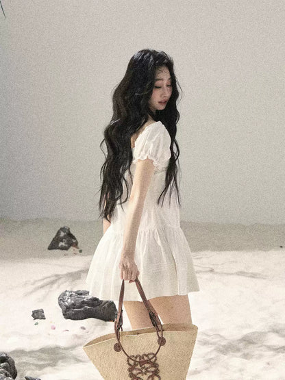 "Light as a Cloud" Frost White Puff Sleeve Lace Babydoll Mini Dress