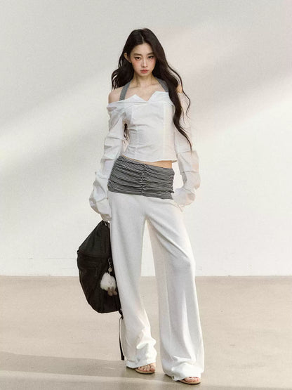 JN's DESIGN - White Wide-Leg Pants with Contrast Striped Waistband