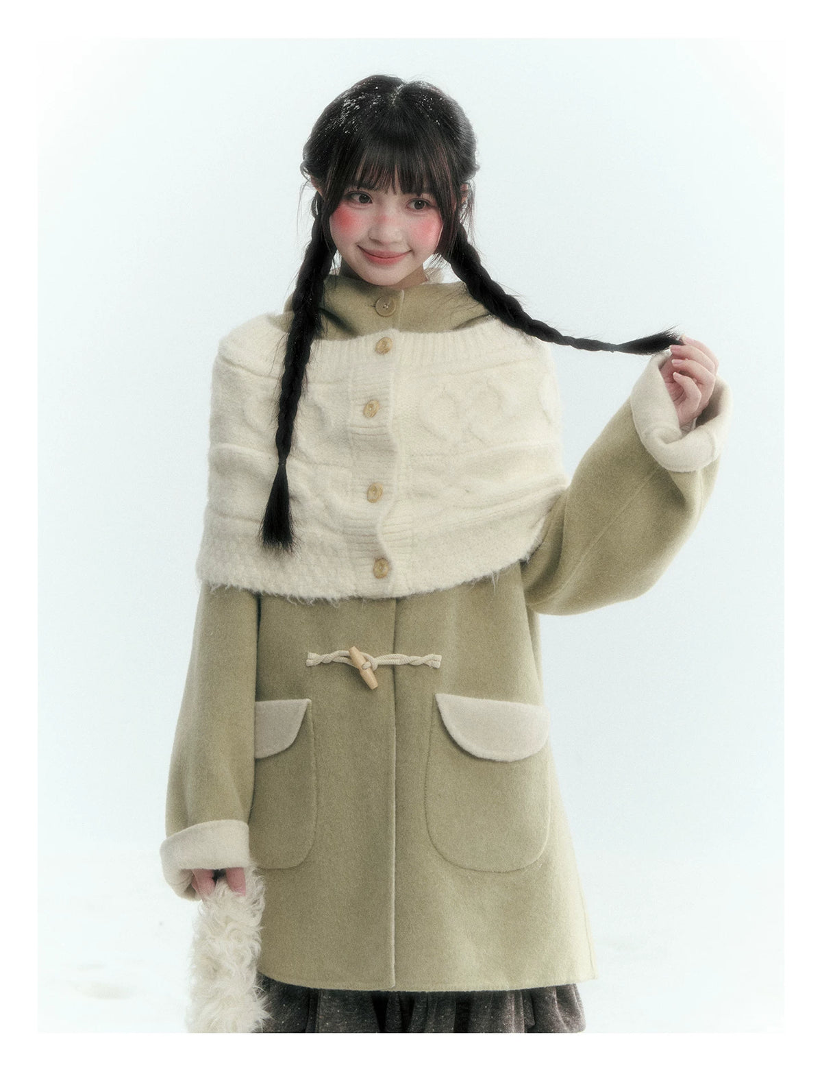 Horridale - Moss Green and Cream Reversible Hooded Wool Coat