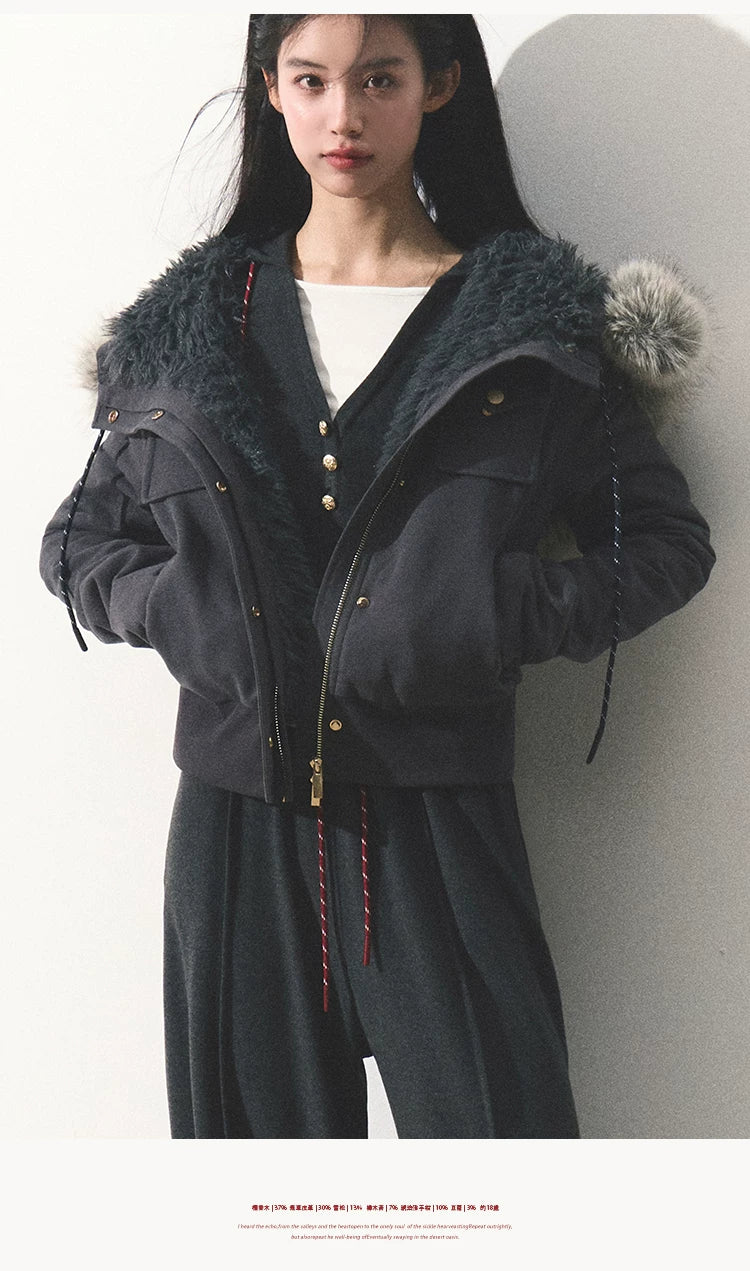 OAKMOO/ "Energy & Freedom" Mocha Gray Fur-Collar Cropped Hoodie Jacket