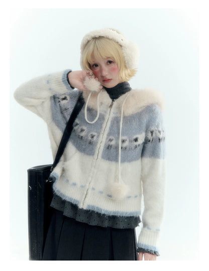 Horridale - Ice Blue White Sheep Jacquard Hooded Knit Cardigan