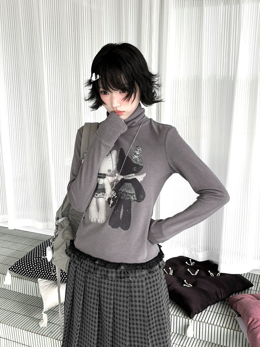 "Forgotten Corner" Mock Neck Gray Base Layer Top & Black Gray Plaid Skirt Set
