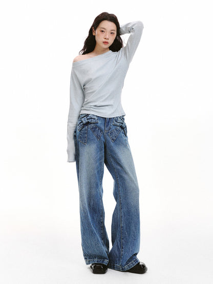 “Bow Pocket Wash” Wide-Leg Loose Denim Jeans - Blue ML6661