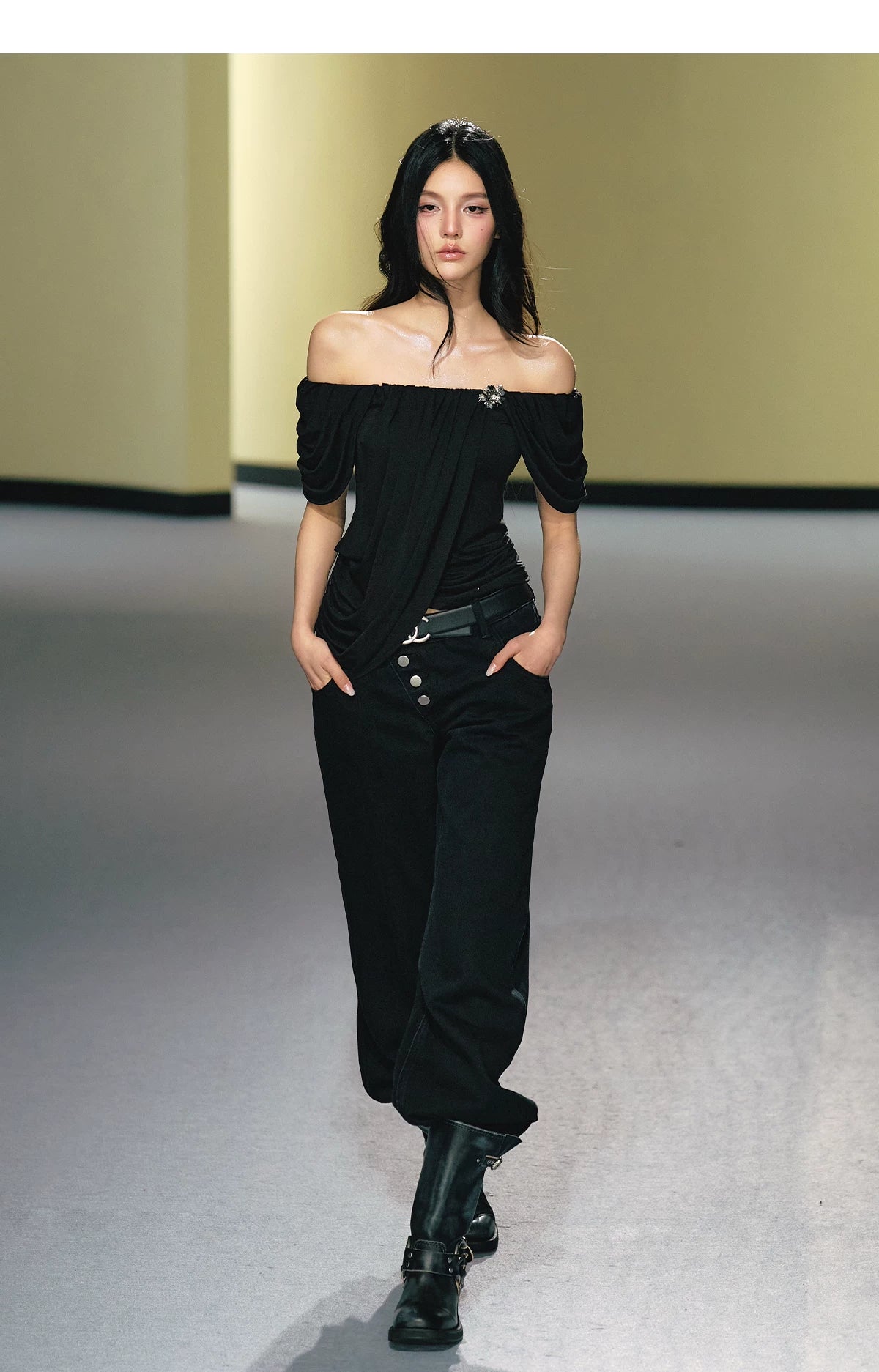 "Midnight Bloom" Black Lyocell Off-Shoulder Ruched Top
