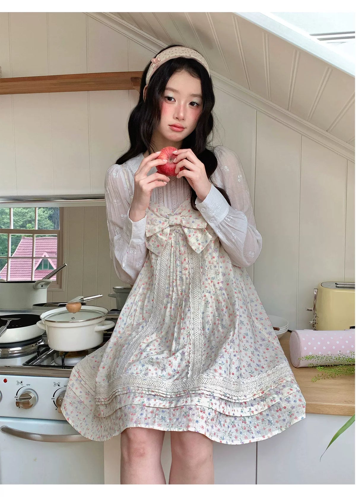 [[RF] “Garden Letter” Floral Print Cream Lace Bow Camisole Mini Dress