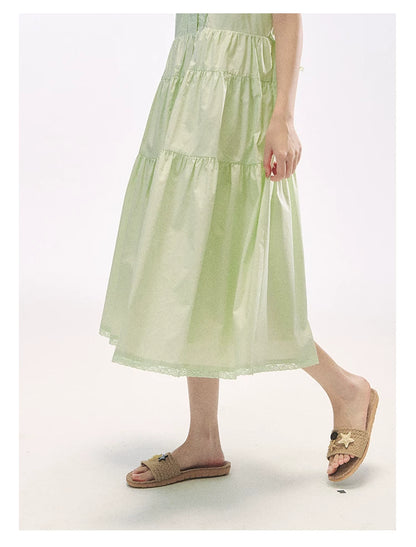 "Mint Forest" Mint Green Double Collar Tiered A-Line Midi Dress