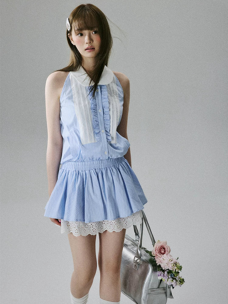 LOST FOREST  - Blue Striped Lace-Trim Halter Dress with Elastic Waist
