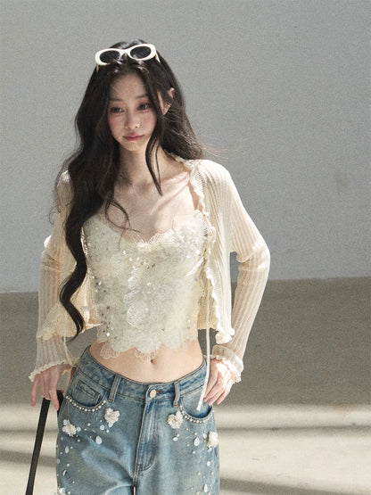 "Waiting for the Breeze" Apricot Lace Knit Cardigan & Cami Set