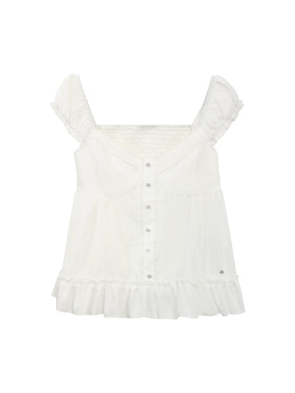 "Pure Arrival" White Square Neck Puff Sleeve Blouse