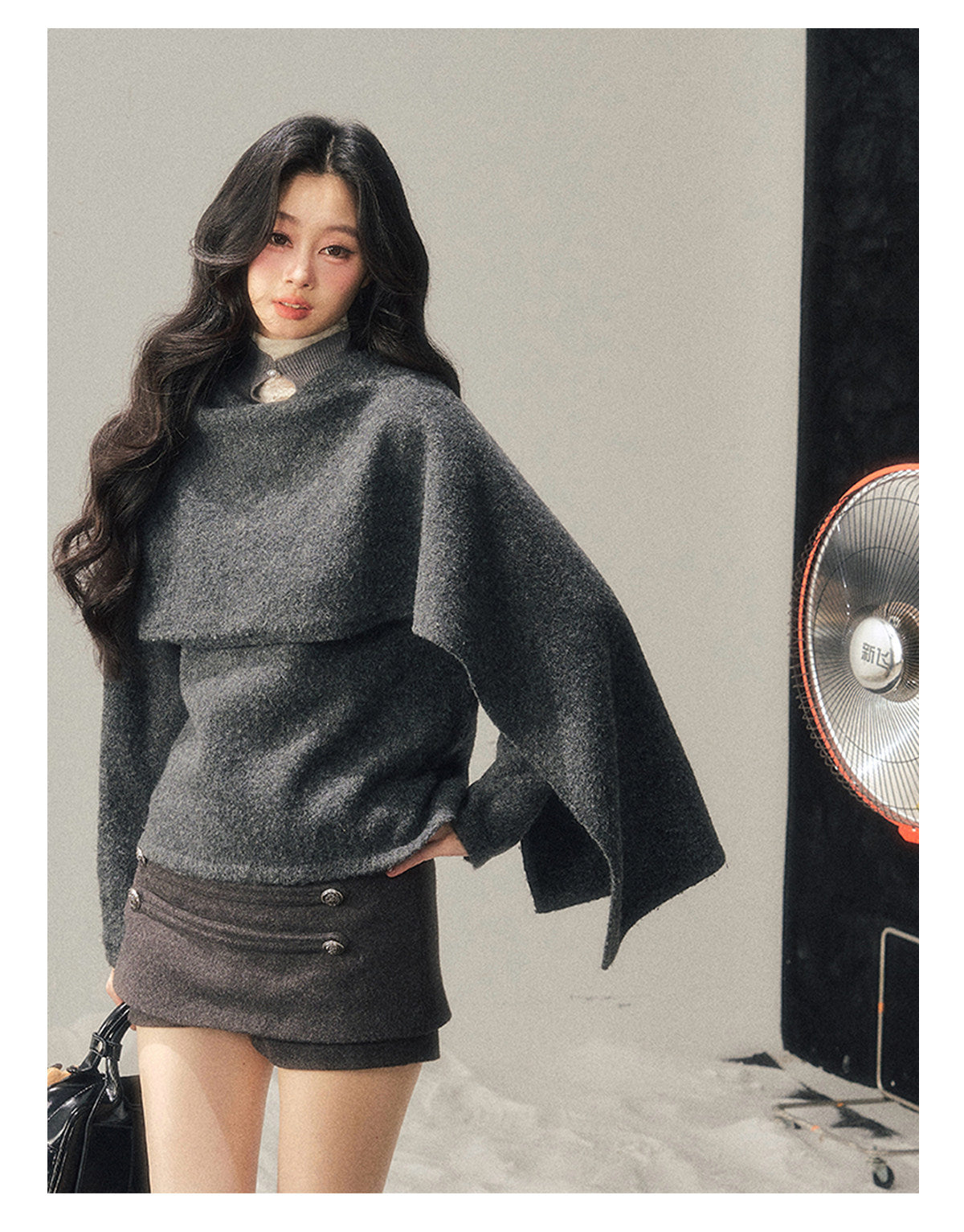 少也眼 "When Clarity Falls" Dusk Gray Layered Shawl Knit Sweater