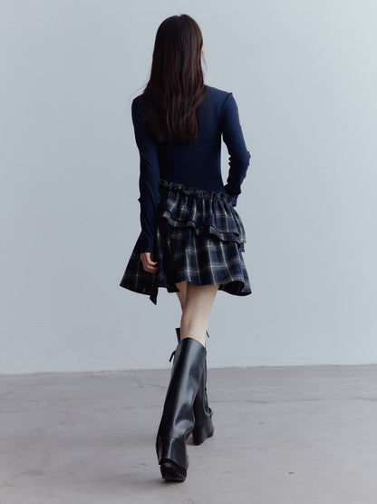 FUSSED Asymmetrical Layered Plaid Dress – Midnight Blue FOF-25AW215