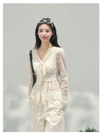 少也眼 “Lace’s Fading Dream” Sheer Lace V-Neck Cinched Top 53663788558