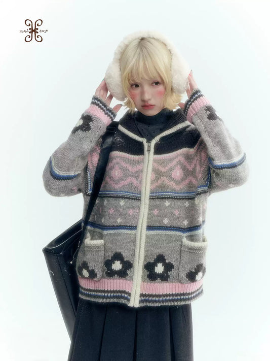 Horridale - Gray Pink Fair Isle Floral Zip-Up Knit Cardigan