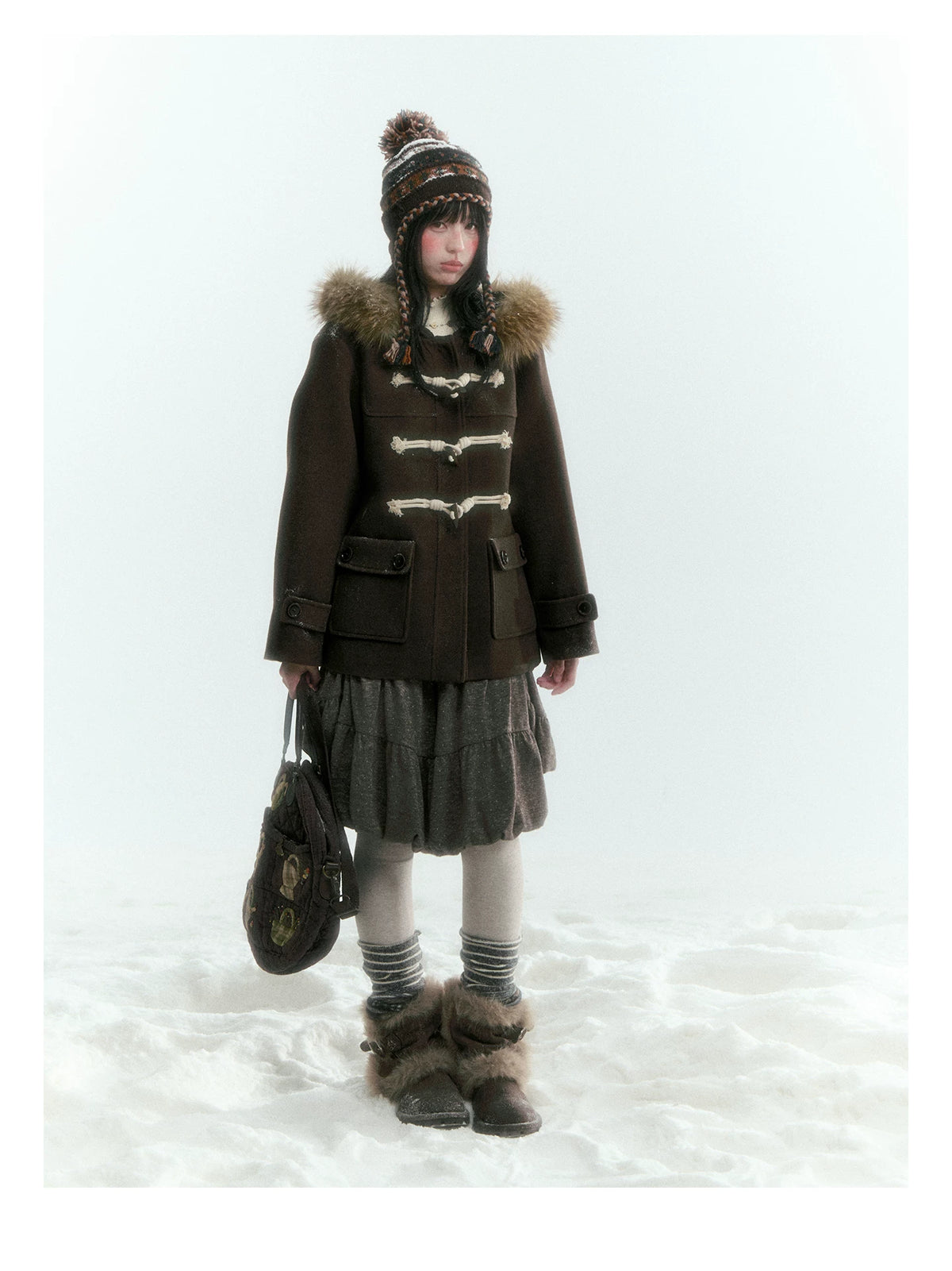 Horridale - Dark Coffee Brown Cropped Hooded Toggle Coat with Detachable Faux Fur Collar