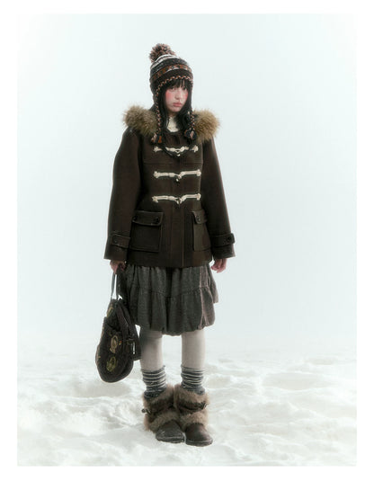 Horridale - Dark Coffee Brown Cropped Hooded Toggle Coat with Detachable Faux Fur Collar