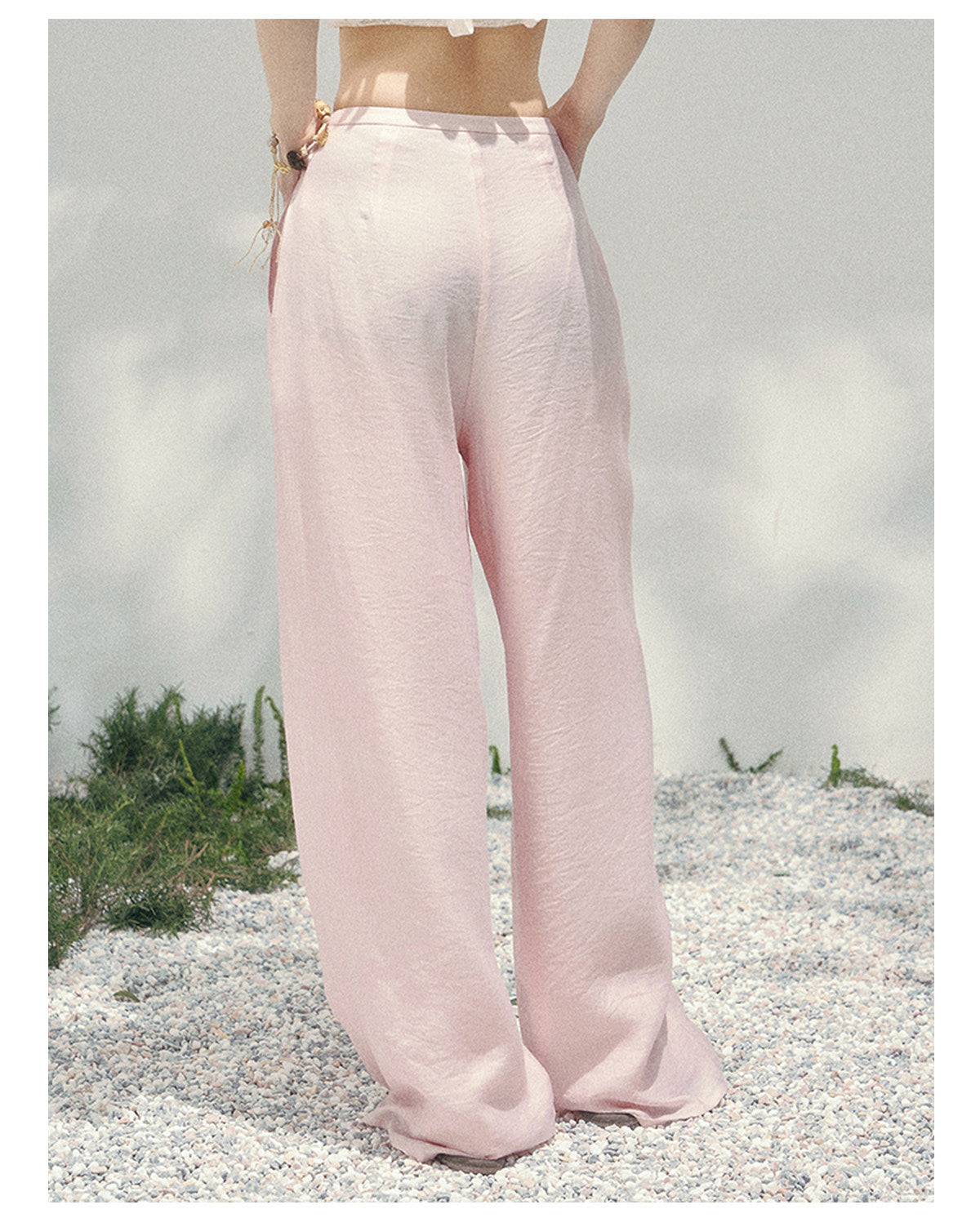 少也眼 "Misty Walk Pants" Soft Mist Pink Wide-Leg Chiffon Pants 546566