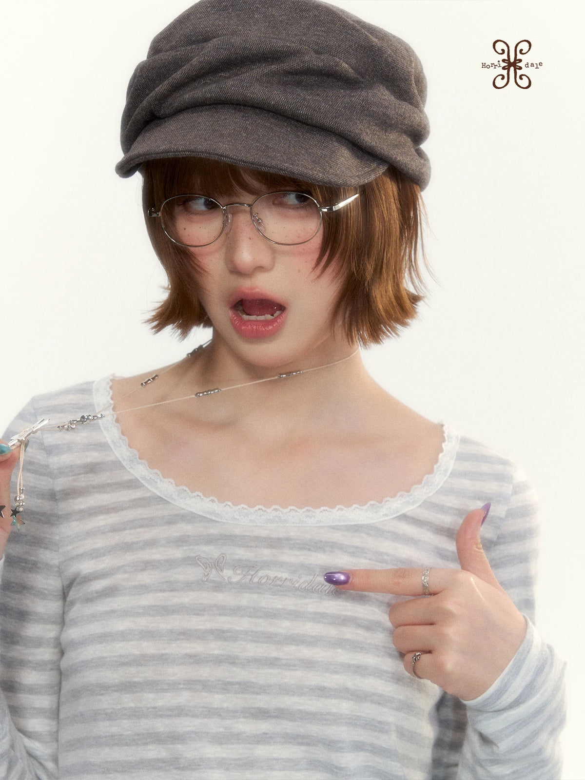 “Early Gray” Light Gray Striped Lace-Trimmed Fitted Long-Sleeve Top