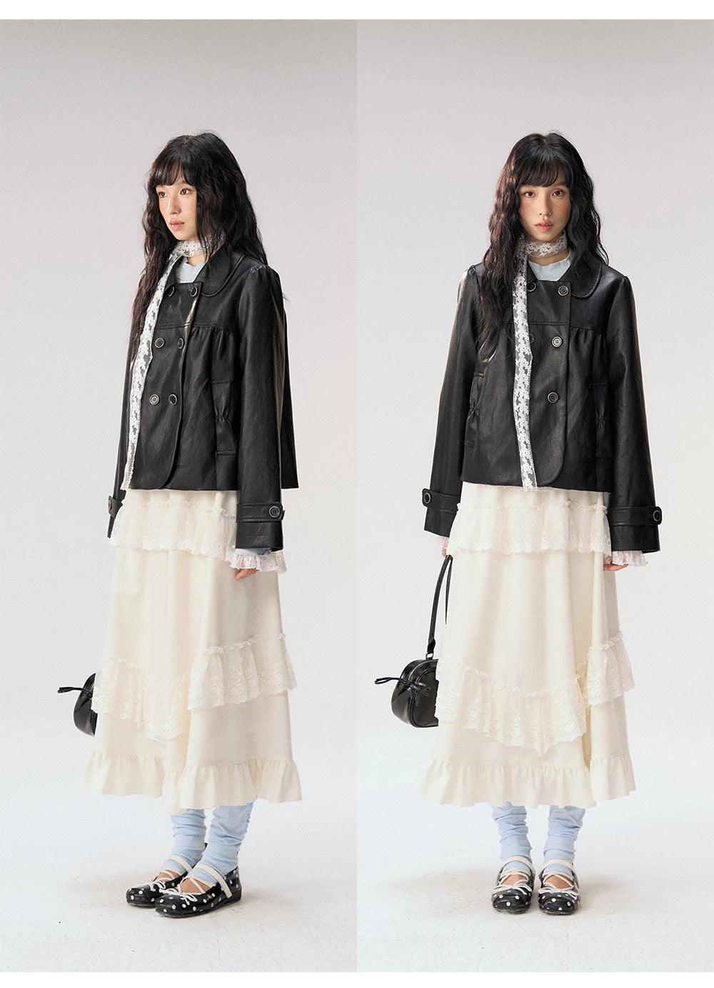 [CAN] "Midnight Sweetheart" Black Bow Pocket Doll Collar Faux Leather Jacket