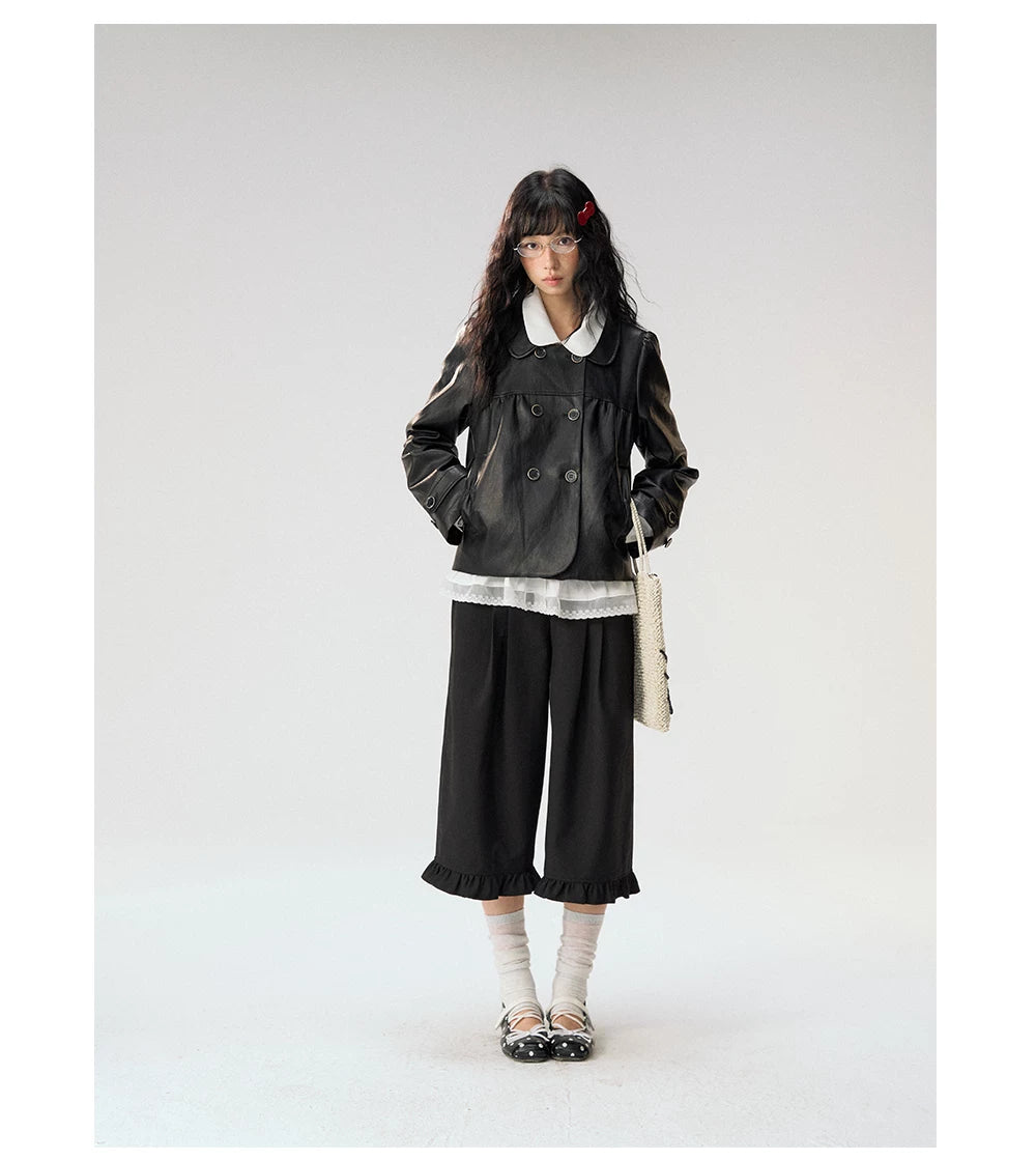 [CAN] "Midnight Sweetheart" Black Bow Pocket Doll Collar Faux Leather Jacket
