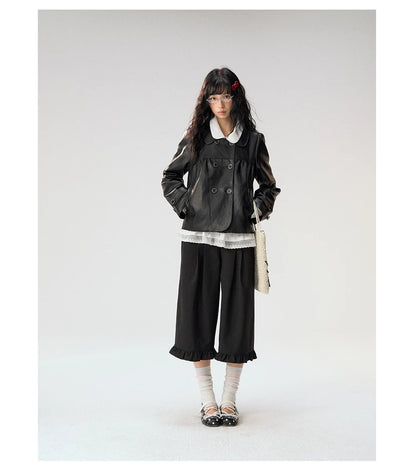 [CAN] "Midnight Sweetheart" Black Bow Pocket Doll Collar Faux Leather Jacket