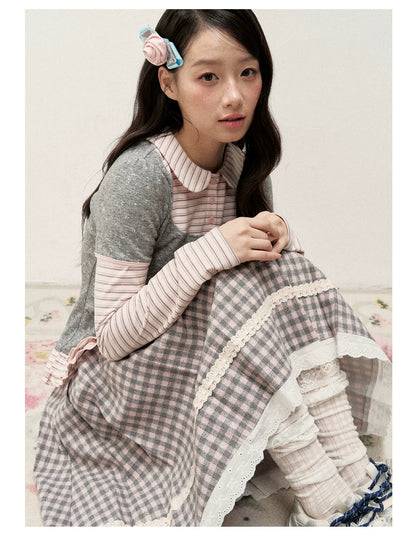 [RF] Gray & Pink Plaid A-Line Midi Skirt with Lace Trim