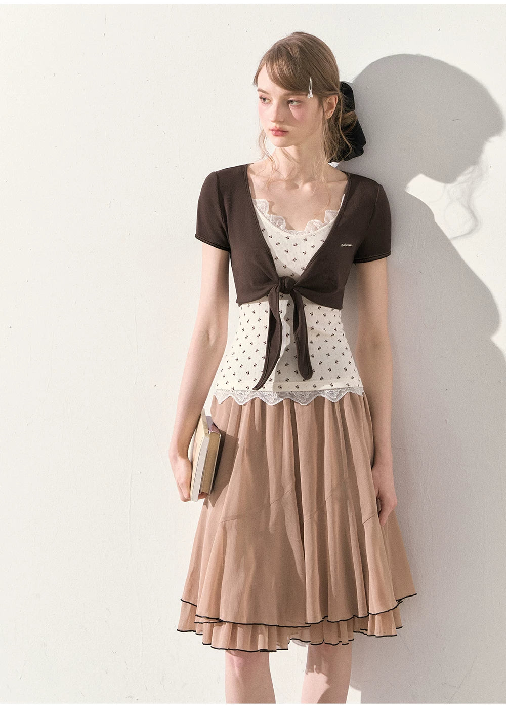 "Summer Café Encounter" Chocolate Knit Cardigan, Floral Lace Cami & Mocha Chiffon Skirt Set