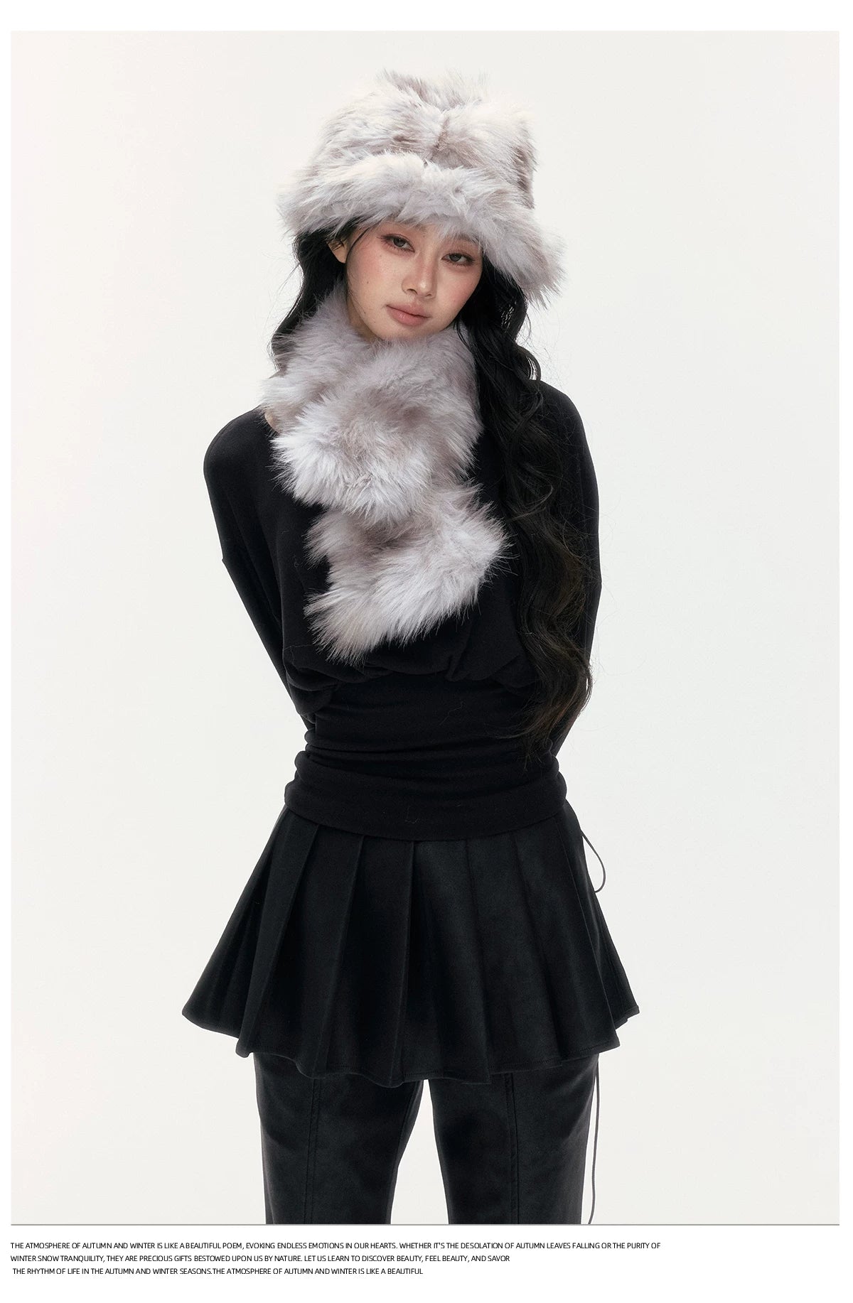 24olvides - [FREE GIFT] Winter Accessories Set: Faux Fur Scarf, Bucket Hat & Satin Bow Brooch