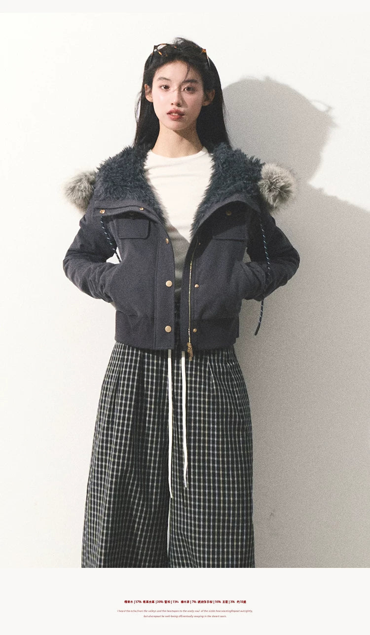 OAKMOO/ "Energy & Freedom" Mocha Gray Fur-Collar Cropped Hoodie Jacket