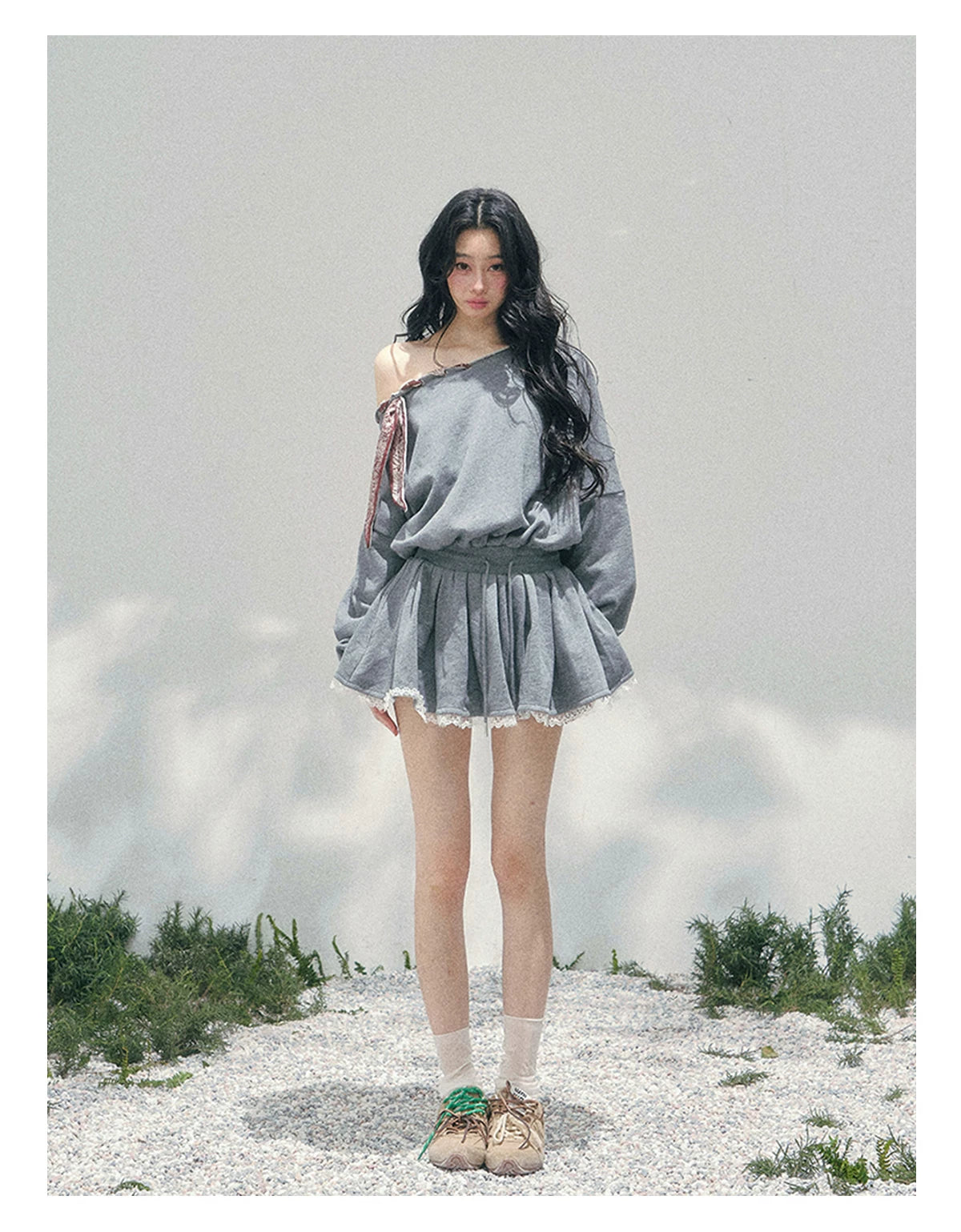“The Wind Blushes” Lace Trim Off-Shoulder Sweatshirt Dress