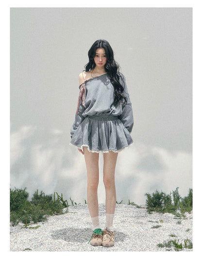 “The Wind Blushes” Lace Trim Off-Shoulder Sweatshirt Dress