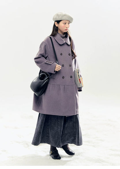 "Winter Chime" Double-Breasted Quilted Wool-Blend Coat (Smoky Purple/ Ash Gray)