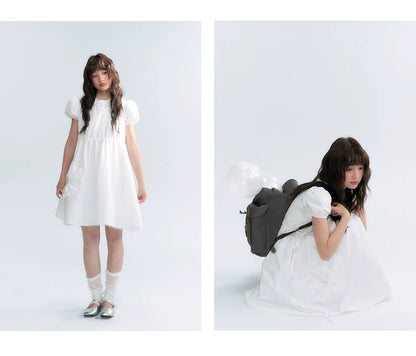 "Puff Doll Dress" Ruffle Trim Puff Sleeve Cotton A-Line Dress (White/ Black)
