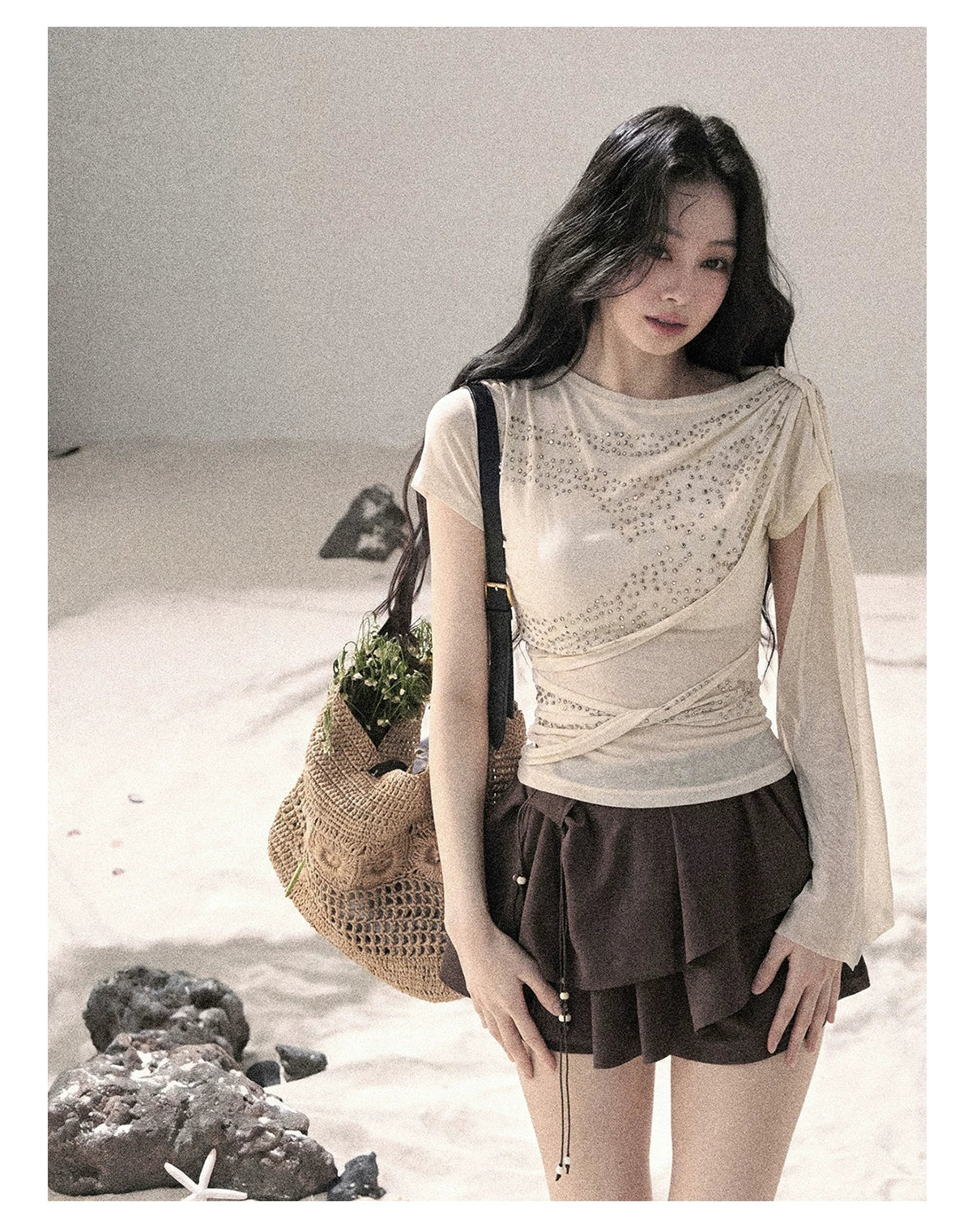 “Frosted Kiss” Dutch Cheese Crystal Mesh Short Sleeve Top