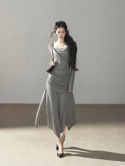 AOMALM - "Still River Cove" Cloud Mist Gray French-Inspired Lace Maxi Dress