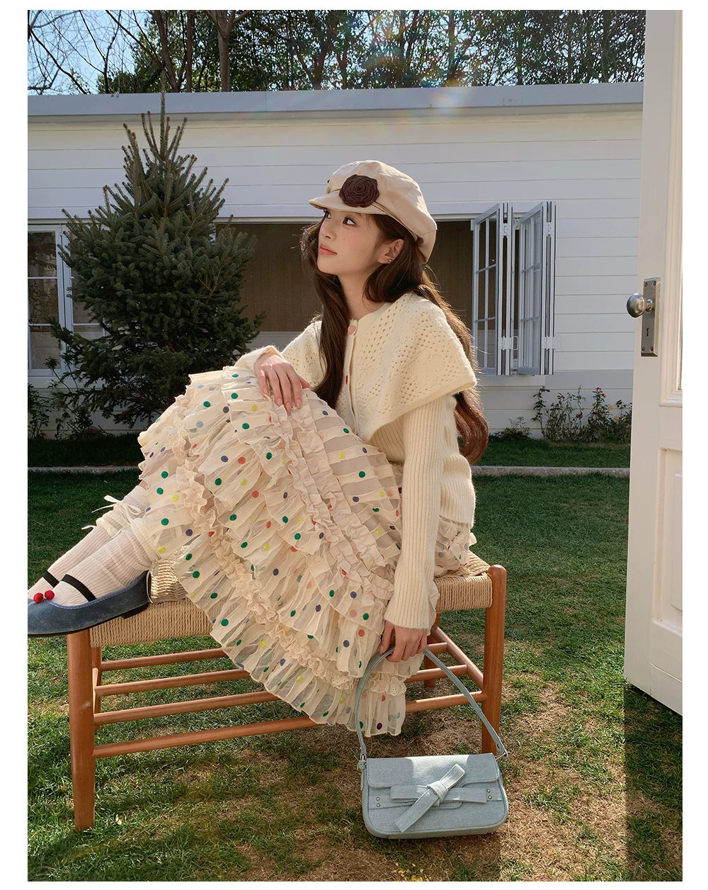 “Starlight Tulle Reverie” Apricot Polka Dot Mesh Skirt